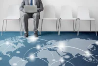 Network connection graphic overlay banner on floor