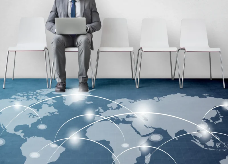 Network connection graphic overlay banner on floor